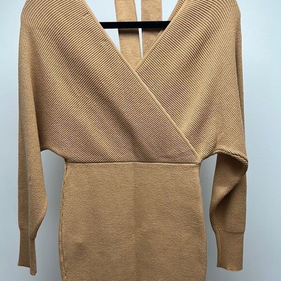 Tan V-Neck Dress with Tie Detail - Picture 5 of 8